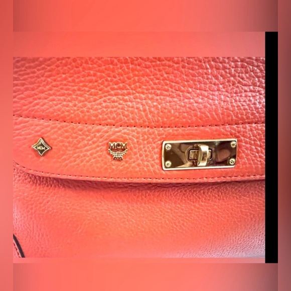 MCM Handbags Orange Leather Satchel Purse Small Tote Visetos Logo Studs Bag - Picture 9 of 10
